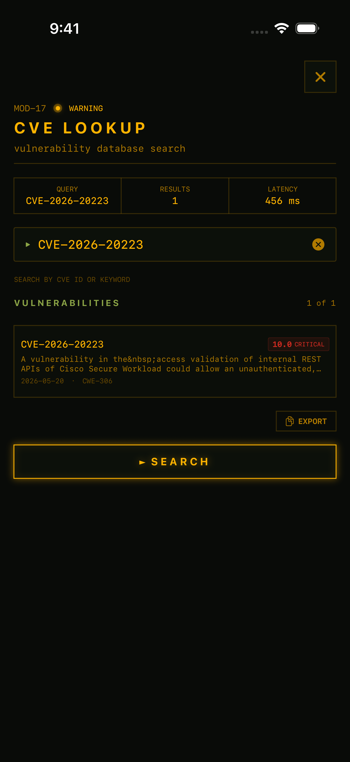 RECON CVE Lookup showing CVE-2026-20223 CVSS 10.0 Critical authentication bypass in Cisco Secure Workload