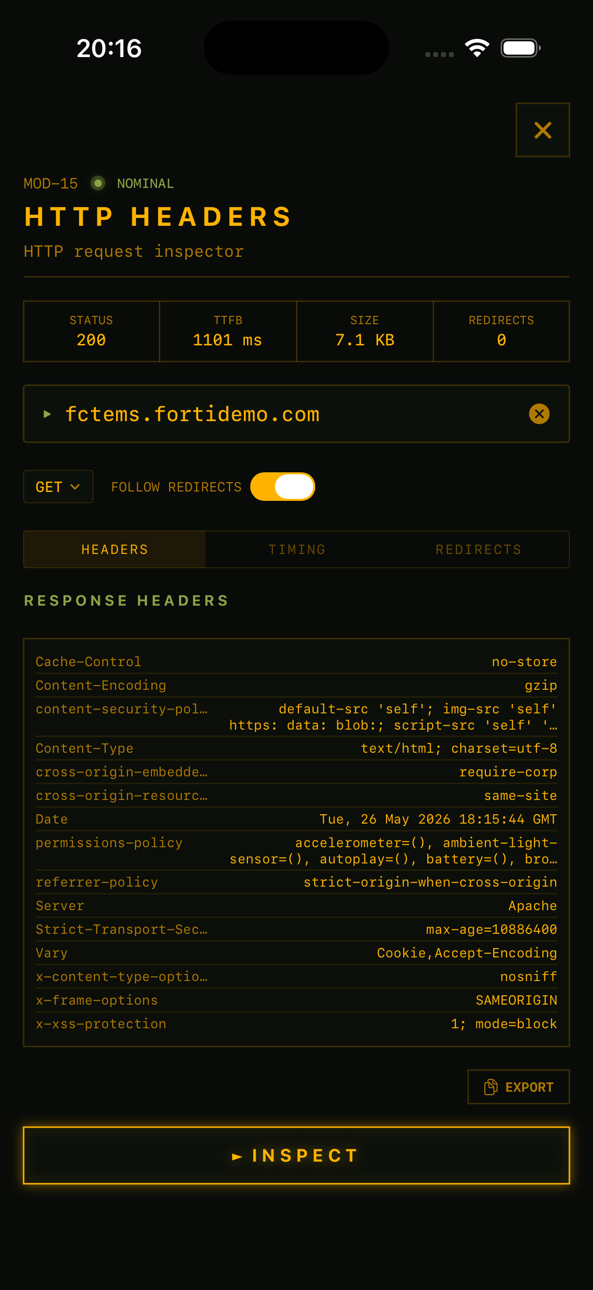 RECON HTTP Headers showing server fingerprint