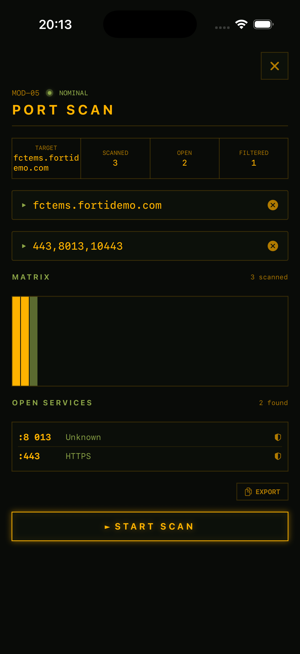 RECON Port Scan showing ports 443 and 8013 open on FortiClient EMS