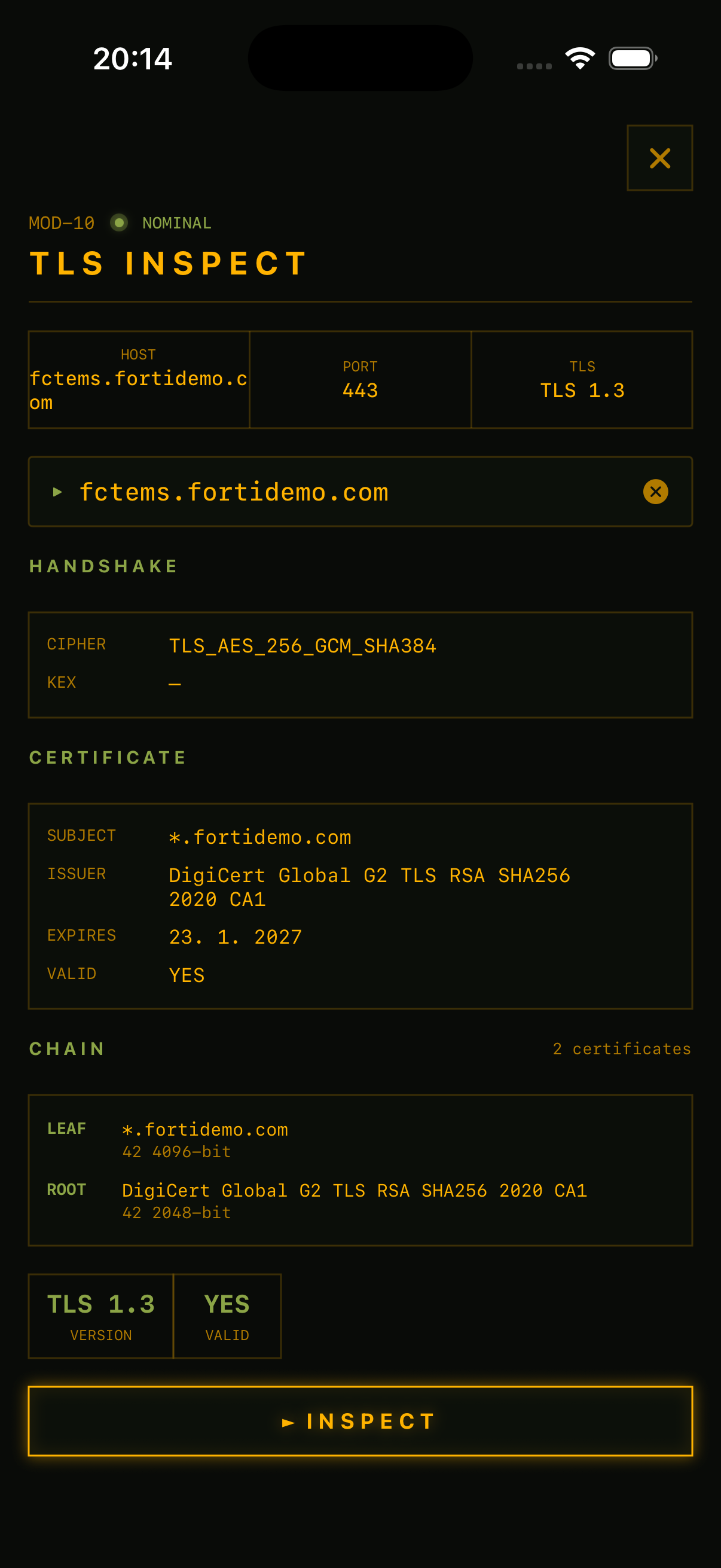 RECON TLS Inspect showing certificate chain for FortiClient EMS
