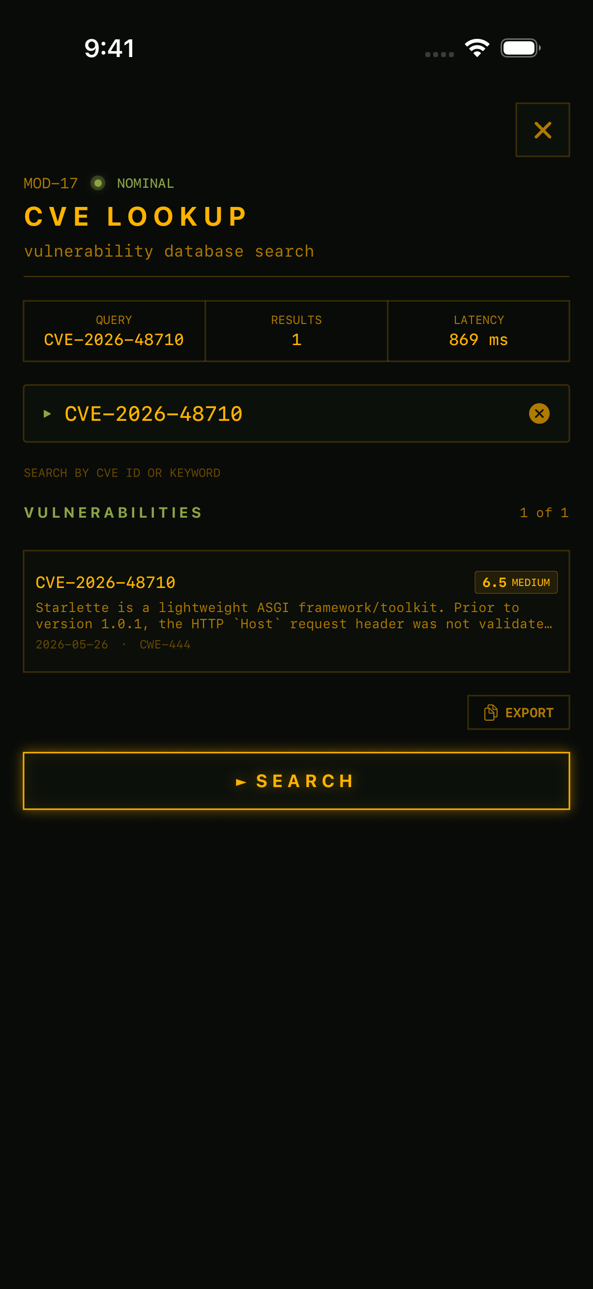 RECON CVE Lookup showing CVE-2026-48710 Starlette Host header injection CVSS 6.5 Medium